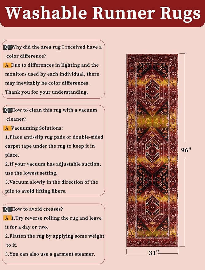SERISSA Runner Rug for Hallways, Long Boho Rug Vintage Rustic Red Gold Hallway - Image 6