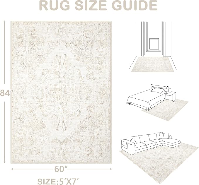 5x7 Area Rugs for Living Room: Washable Rug Vintage Large Rugs Soft Non Slip - Image 2