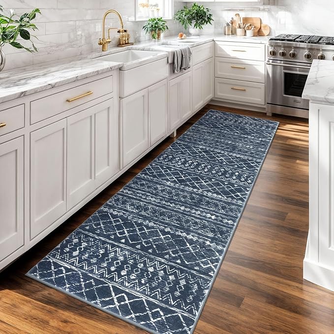KUTA Moroccan Washable Runner Rug, 2x7 Non-Slip Vintage Navy Blue Boho Hallway - Image 2