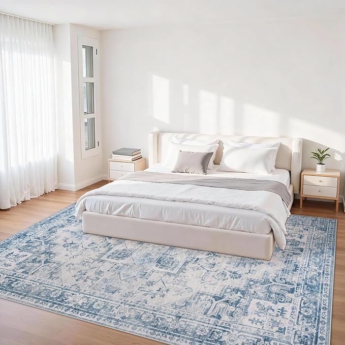 5x7 Area Rugs for Living Room:Blue Washable Vintage Medallion Boho Rug Non-Slip - Image 2