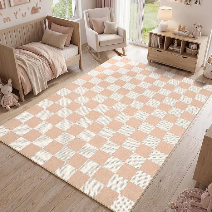 GarveeHome Checkered Blush Beige Neutral Nursery Kids Playroom 4x6 Washable Rug - Image 3