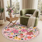 Latte&Fog Pink Floral Circle Area Rug, 4ft Round Cute Area Rug, Low Pile Non - Image 3
