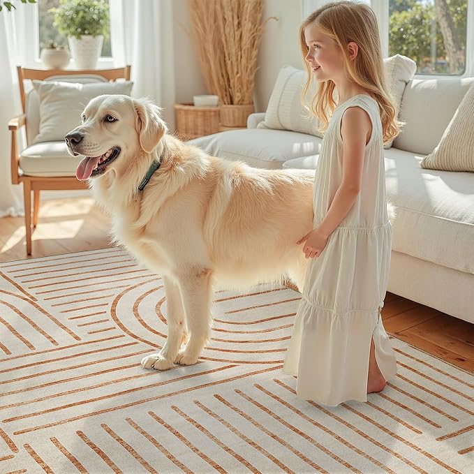 DCX Beige Machine Washable Area Rug 9x12, Midcentury Modern Non Slip Stain - Image 5