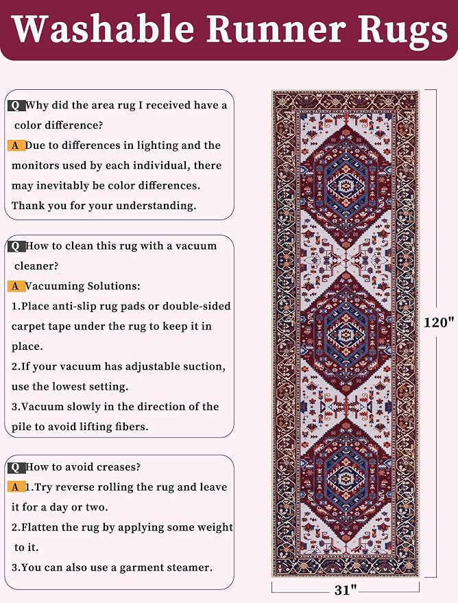 SERISSA Runner Rug for Hallways, Long Boho Rug Vintage Burgundy Navy Hallway - Image 2