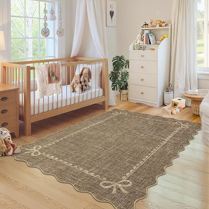 GarveeHome Scalloped Bow Rug for Living Room, Solid Brown Rug for Dorm by GarveeHome
