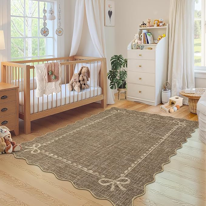 GarveeHome Scalloped Bow Rug for Living Room, Solid Brown Rug for Dorm - Image 3