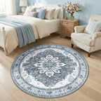 RELEANY Area Rugs Round 4ft Washable Non-Slip, Floral Vintage Distress by RELEANY