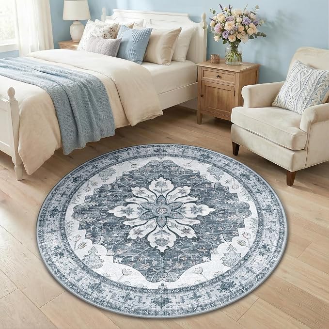 RELEANY Area Rugs Round 4ft Washable Non-Slip, Floral Vintage Distress by RELEANY