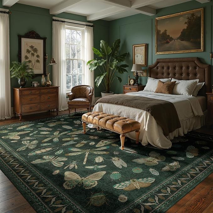 DCX 6x9 Washable Insect Rug, Vintage Gothic Dark Green Rug - Image 2