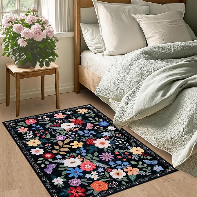 Entryway Rug 2X3 Small Rugs: Floral Washable Door Mat Vintage Soft Low Pile - Image 3