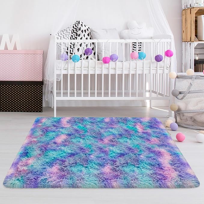 Tie-Dyed Purple Blue Rainbow Kids Rug - Image 7