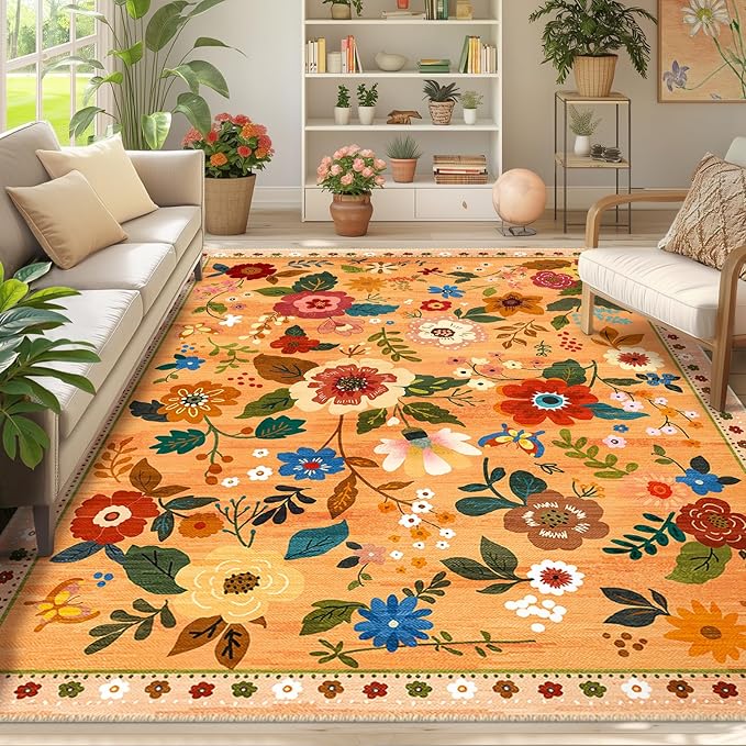 RELEANY Floral 6x9 Area Rugs Washable Print Boho Cute Carpet Non Slip Flower by RELEANY