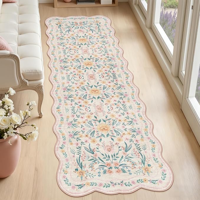 Scalloped Floral Runner Rug 2x6, Soft Cute Carpet Runner - Image 7