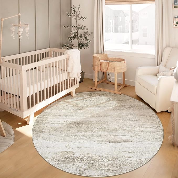 Washable Round Rug 4ft for Bedroom: Circle Neutral Soft Rug Abstract Non Slip - Image 3