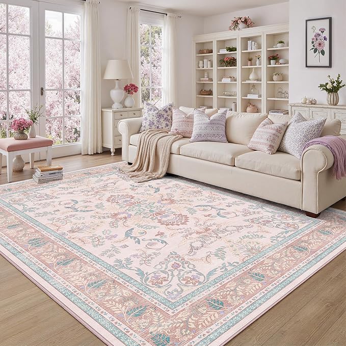 DCX 4x6 Pink Vintage Floral Rug, Machine Washable Non Slip Low Pile Carpet - Image 2