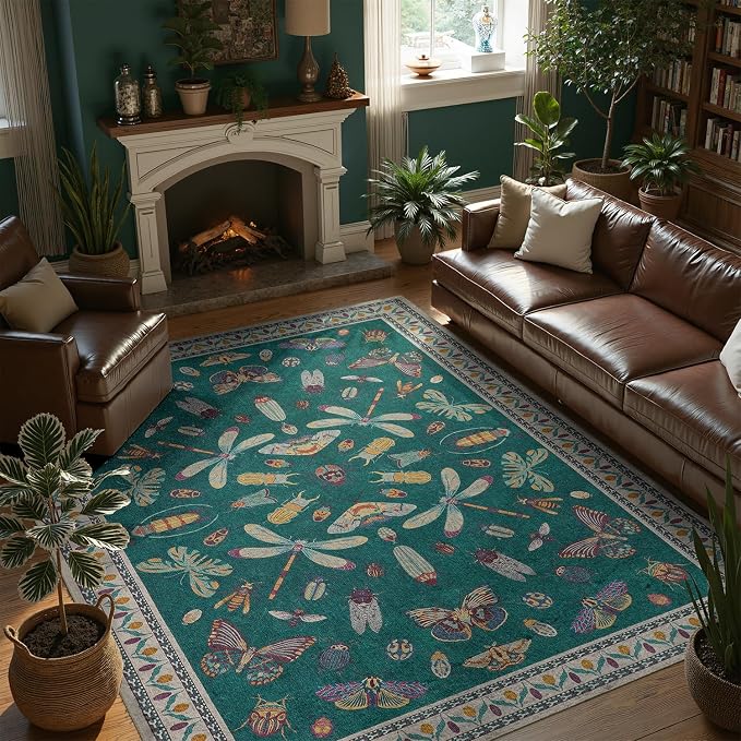 DCX 4x6 Washable Insect Rug, Vintage Gothic Deep Teal Rug - Image 2