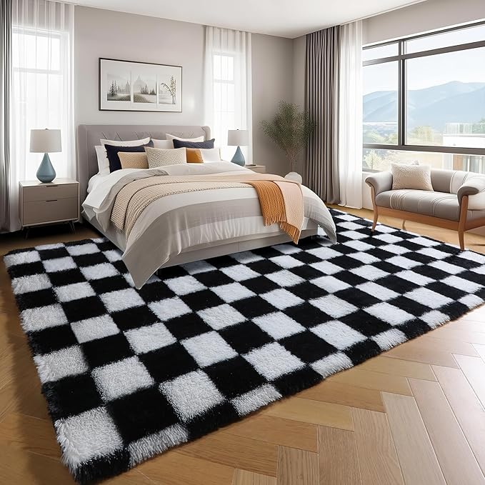 KICMOR 7x9 Area Rug for Living Room Bedroom, Large Black and White Checkered - Image 3