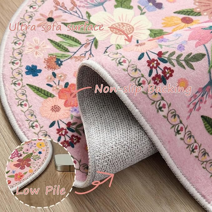 Latte&Fog Pink Floral Round Area Rug 6ft, Washable Vintage Circle Floral Rug - Image 8