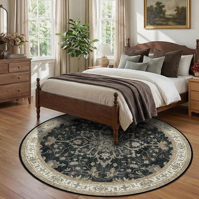RELEANY Area Rugs Round 8ft Washable Non-Slip, Floral Vintage Distress - Image 3