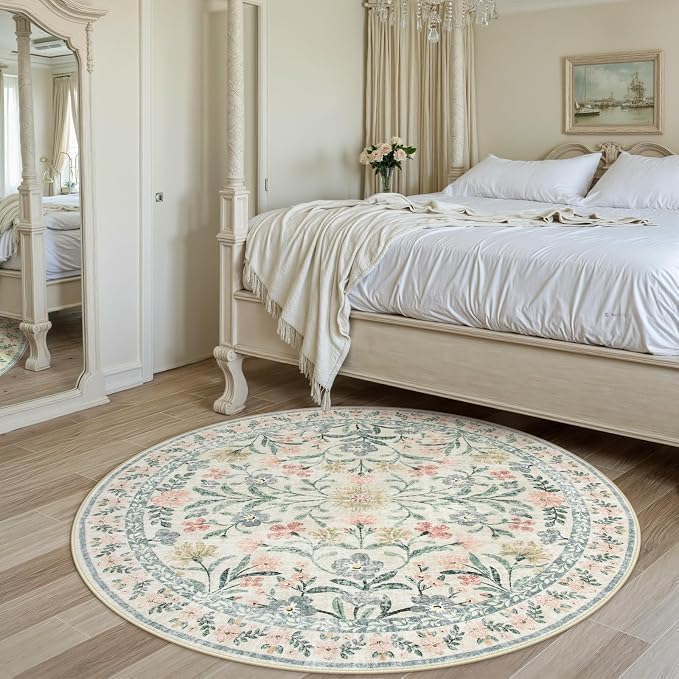 Wonnitar Floral Round Rugs 6ft, Boho Large Machine Washable Circle Rug - Image 3