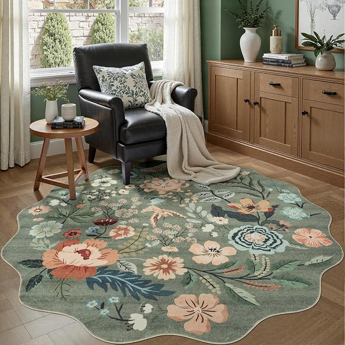 DCX Vintage Floral Rug 6x6, Washable Sage Green Rug by DCXWashableRug