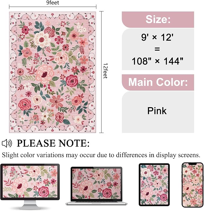 DUKINO 9x12 Area Rug, Floral Rugs - Image 2