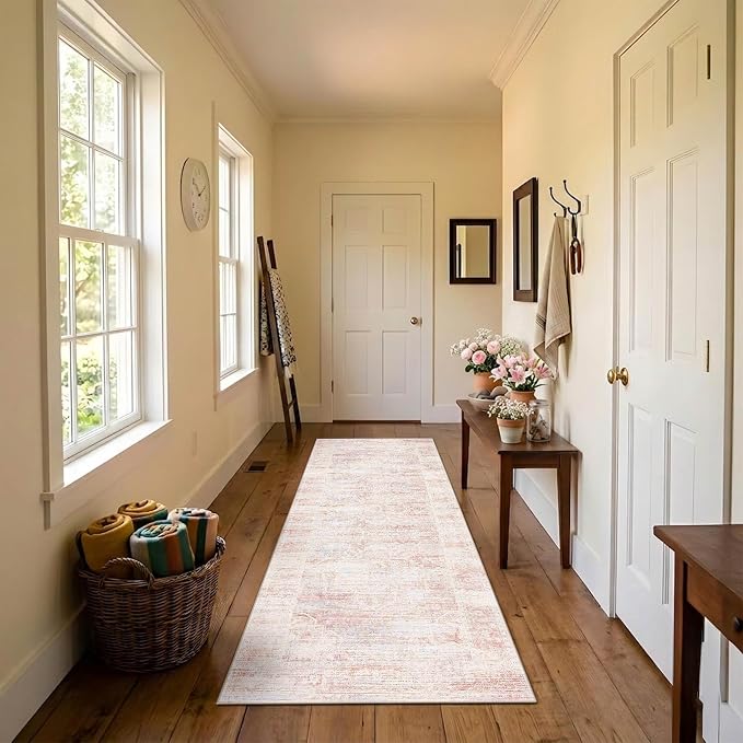 Latte&Fog Washable Pink Hallway 2x6 Runner Rug, Non Slip Floral Runner Rugs - Image 2