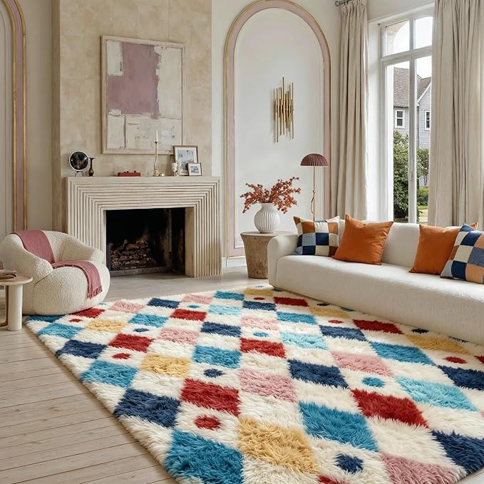 PureCozy Checkered Rug 5x8 Fluffy Shag Living Room Colorful Area Rug Modern - Image 3