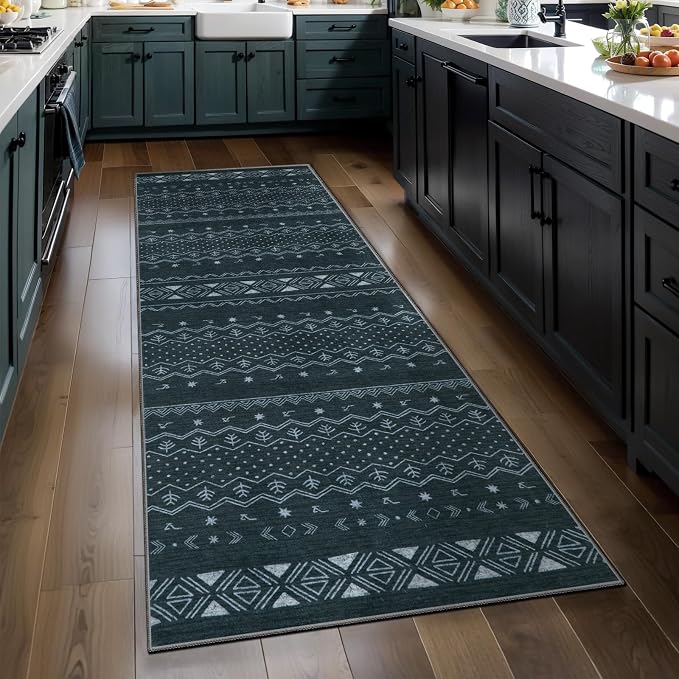 SERISSA 2x5 Kitchen Runner Rug, Washable Non-Slip Grey Boho Rug, Soft Low-Pile by SERISSAHomeDecorCollection