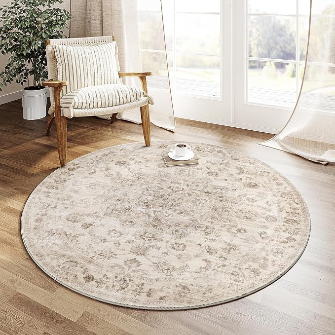 3x3 Washable Neutral Round Rug Beige Vintage Entryway Kitchen Cirlce Rug by WondRg