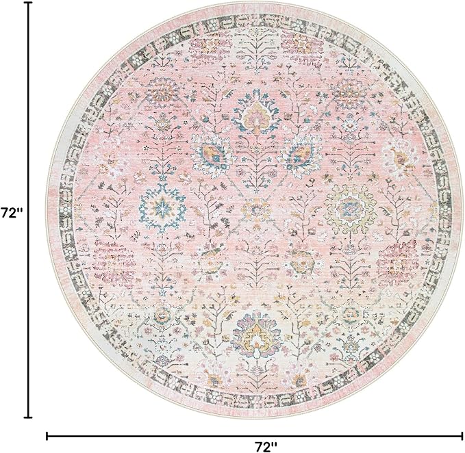Lahome Girls Bedroom Pink Round Rug 6ft, Soft Washable Floral Circle Rug - Image 2
