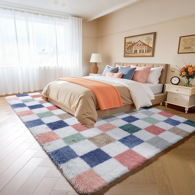 KICMOR 8x10 Area Rugs for Living Room, Large Fluffy Soft Colorful Checkered - Image 3