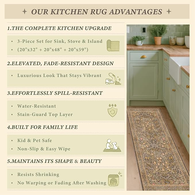 JTJ Brown Washable Kitchen Rugs Sets of 3, Non-Slip Low Pile Floor Mats - Image 7