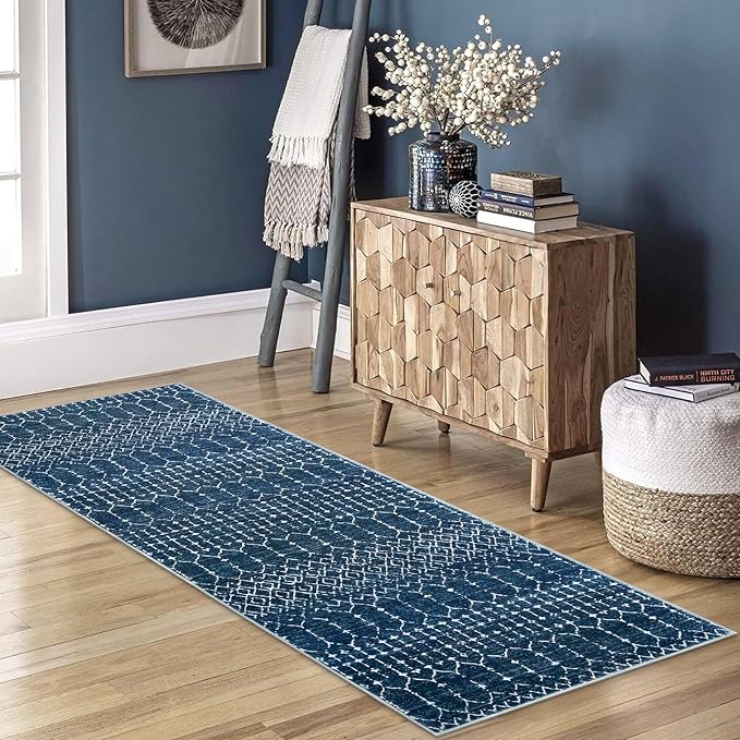 Lahome Moroccan 2x5 Washable Blue Runner Rug, Non-Slip Low-Pile Stain Resistant - Image 6