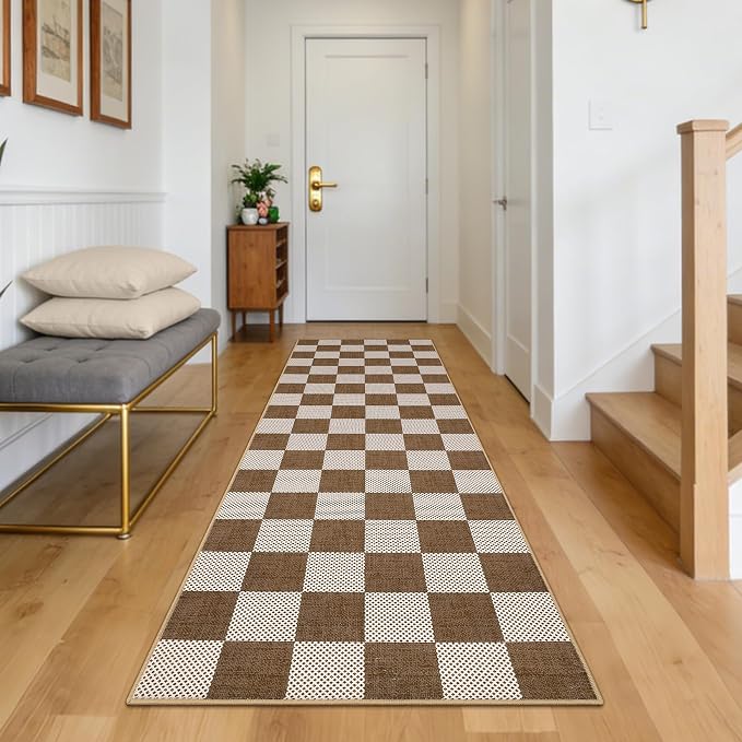 GarveeHome Checkered Terracotta Brown 2x6 Washable Kitchen Runner Rug Geometric - Image 4