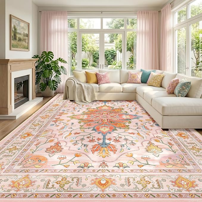 RELEANY Area Rugs Large 10'x14' Washable Non-Slip, Floral Vintage Distress by RELEANY