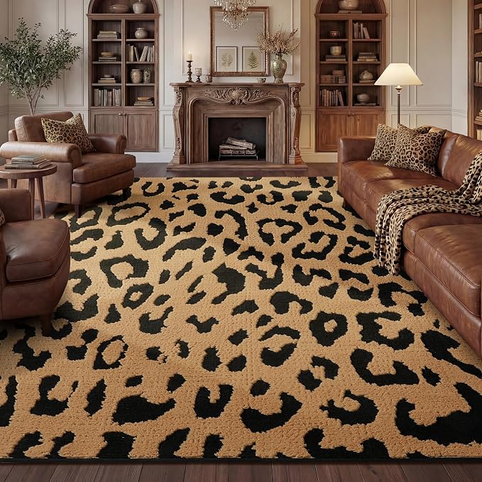 YIHOUSE 8×10 Ft Leopard Area Rugs, Washable High-Low Pile Plush Soft Rug by YIHOUSE