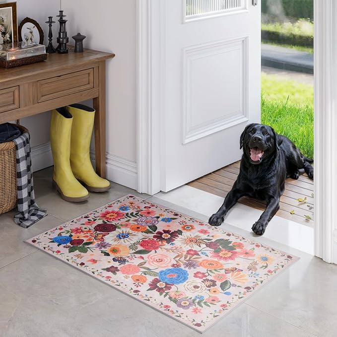Blush Floral Rug for Entryway, 2X3 Washable Kitchen Mat Ultra-Thin Soft by WelcometoBabovid