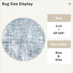 Soalmost 5x5 Blue/Grey Round Rug 5ft Living Room Circle Rug Vintage Round Area - Image 5