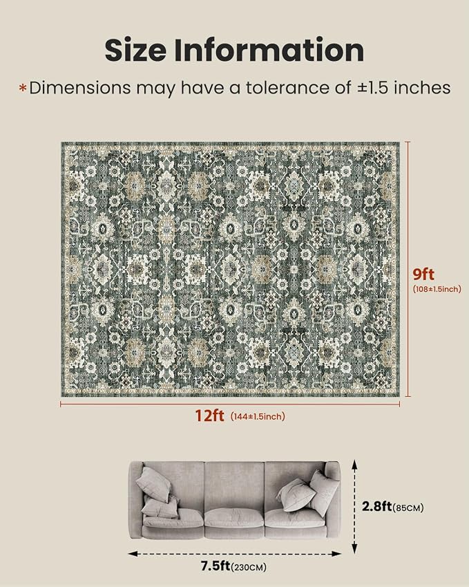 AMADA HOMEFURNISHING 9x12 Washable Area Rug, Low-Profile Large Area Rug - Image 2