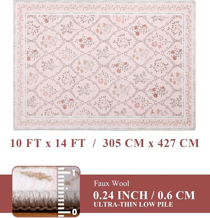 YIHOUSE Pink Floral Print Rugs, Moroccan Trellis 10x14 Washable Large Rug - Image 7