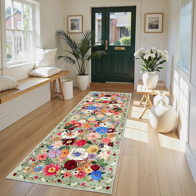 Rug for Hallways Kitchen Runner 2x8 Green, Non Slip Washable Rugs - Image 2