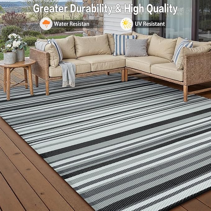 Outdoor Plastic Straw Rug Waterproof Patio 6x9 Black White Stripe Mat - Image 5