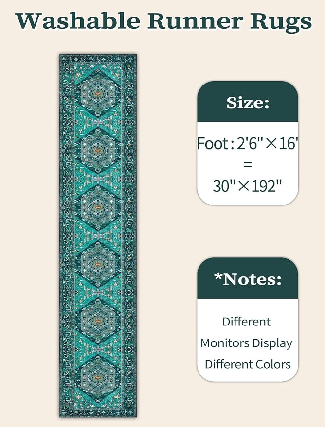SERISSA Runner Rug for Hallways, Extra Long Boho Rug Ultra Soft Vintage Teal - Image 6
