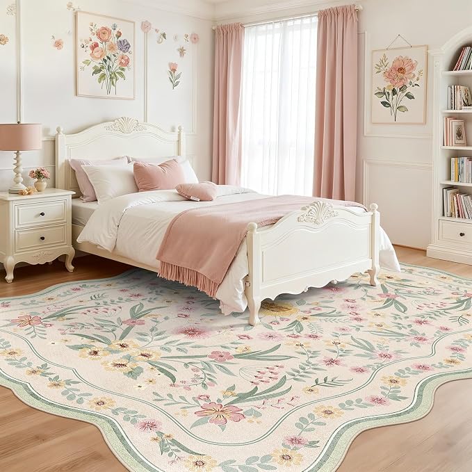 Scalloped Floral Rug 6x9, Sage Green Washable Non Slip Area Rug - Image 2