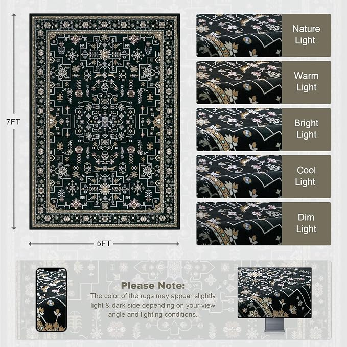 5x7 Area Rugs Living Room Rug: Washable Vintage Boho Medallion Rug No Slip - Image 2