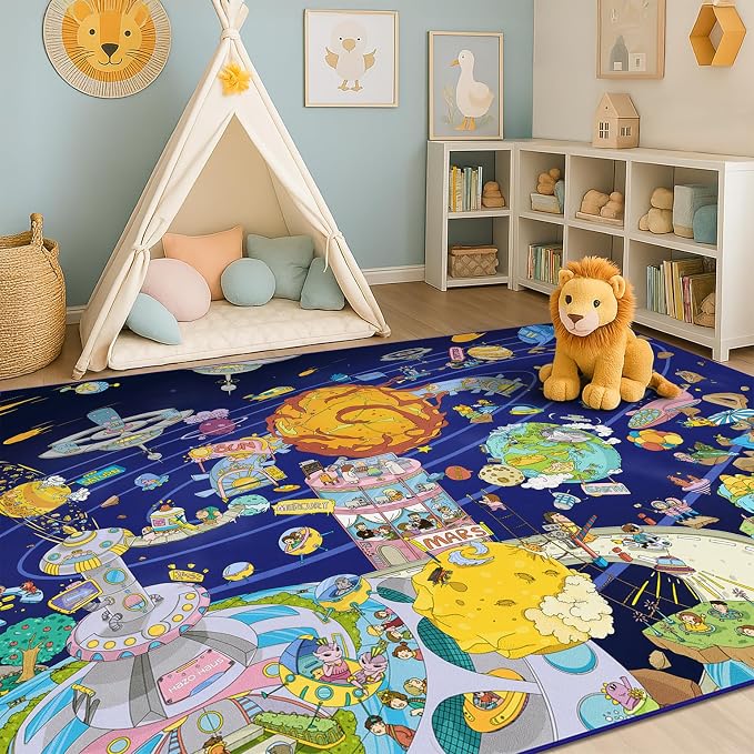 Outer Space Adventure 5x7 Kids Rug – Vibrant Galaxy Scene by HazoHaus