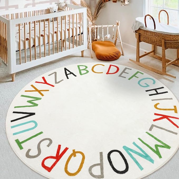 Topotdor Rainbow Round Kids Play Rug Alphabet Nursery Area Rug Extra Large Soft - Image 9