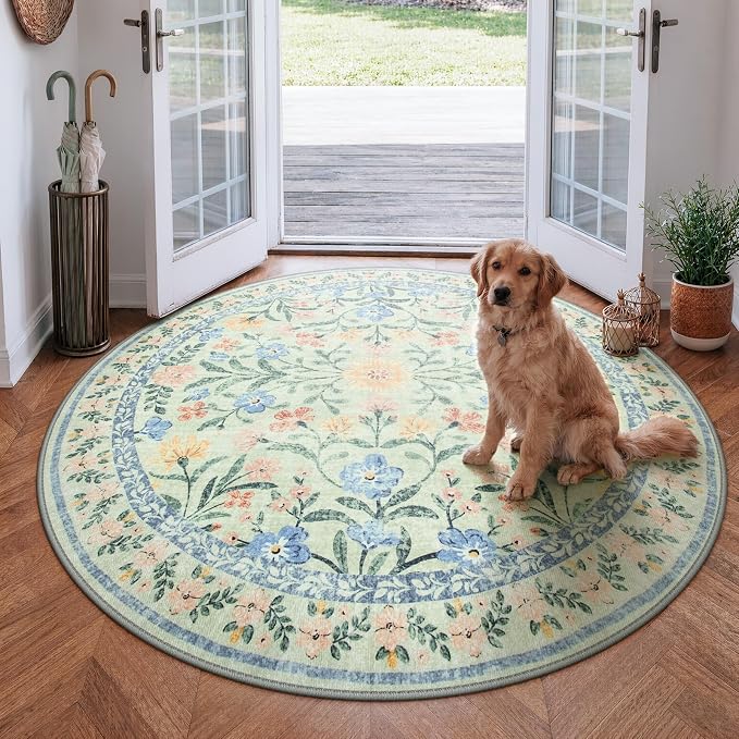 Wonnitar Washable Round Area Rug, 5ft Green Floral Round Rug Boho Soft Circle by Wonnitar