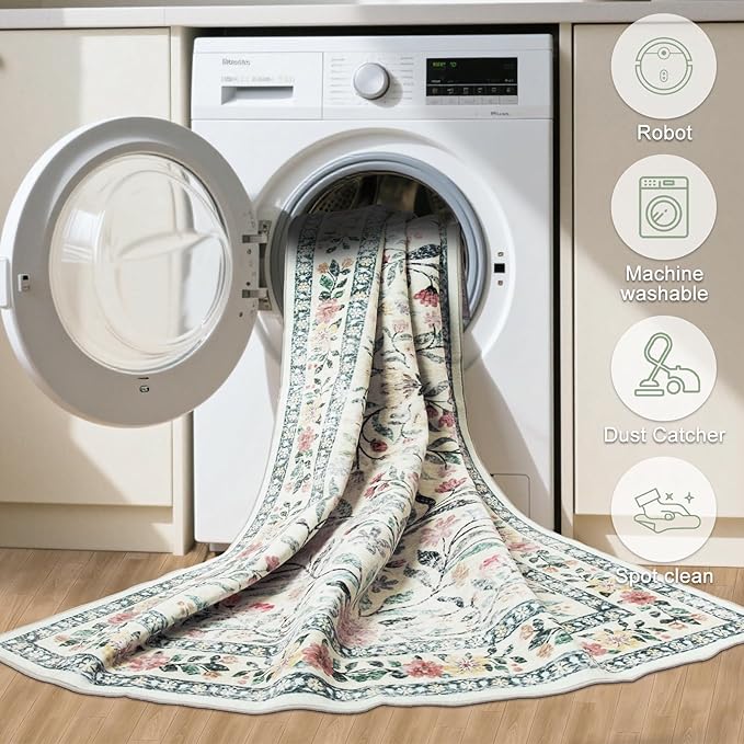 Round Area Rug for Living Room: 4 ft Floral Washable Circle Rug Soft Non-Slip - Image 7